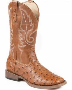 Roper Faux Ostrich Cowboy Boots - Wide Square Toe For Men's Tan
