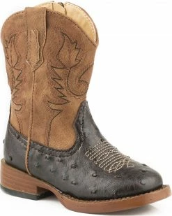 Roper Boys' Ostrich Print Cowboy Boots - Square Toe Brown