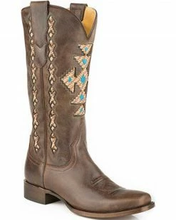 Roper Brown Navajo-Inspired Inlay Cowgirl Boots - Square Toe For Women's