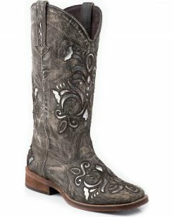 Roper Fancy Silver Inlay Cowgirl Boots - Square Toe For Women's Brown