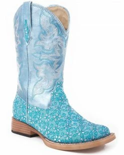 Roper Kid's Floral Glitter Western Boots For Girls' Blue