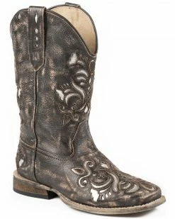 Roper Girls' Belle Silver Underlay Cowgirl Boots - Square Toe Brown