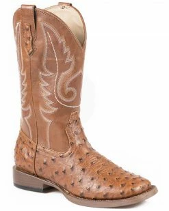 Roper Shop 11 Roper Youth Boys' Ostrich Print Cowboy Boots - Square Toe Tan