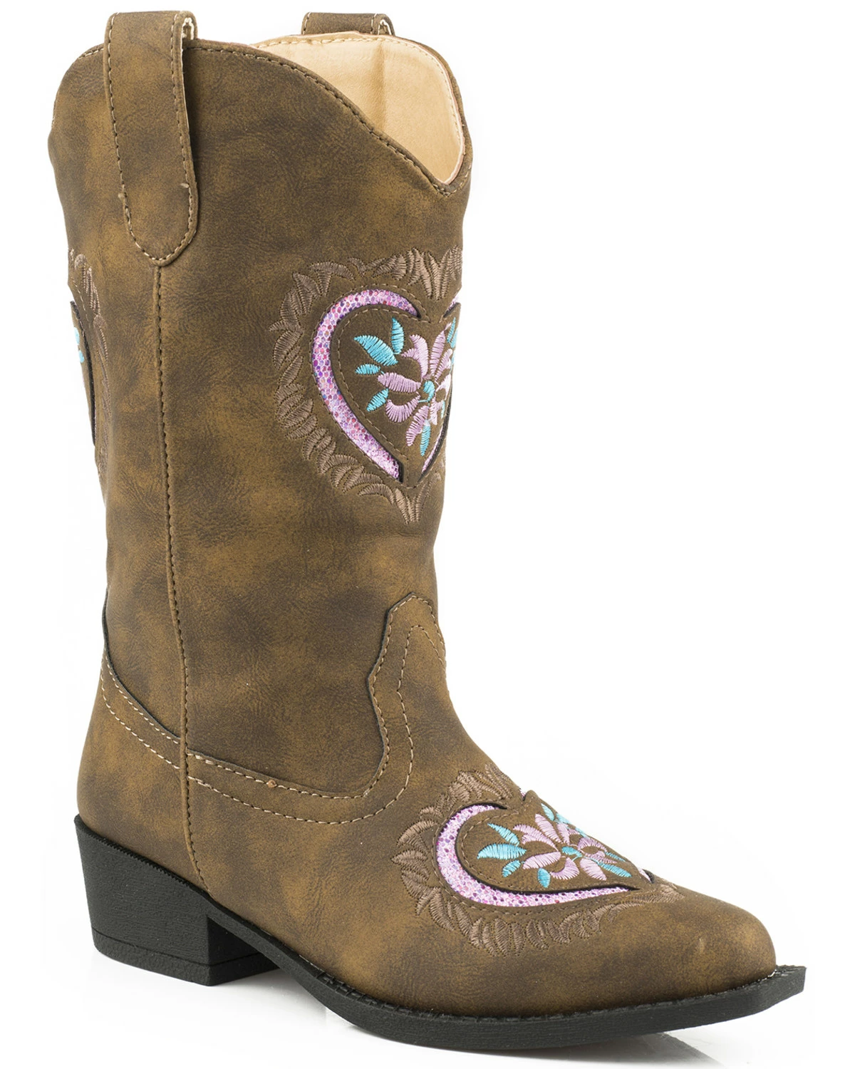 Roper Youth Girls' Pink Glitter Heart Cowgirl Boots - Snip Toe Brown 4 Roper Youth Girls' Pink Glitter Heart Cowgirl Boots - Snip Toe Brown - Image 2