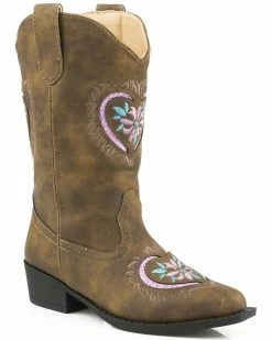 Roper Shop 31 Roper Youth Girls' Pink Glitter Heart Cowgirl Boots - Snip Toe Brown