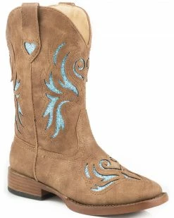 Roper Girls' Tan And Turquoise Glitter Breeze Cowgirl Boots - Square Toe