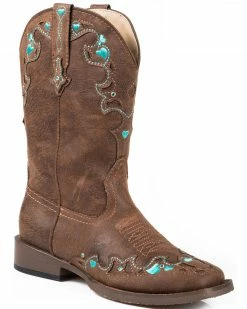 Roper Girls' Vintage Crystal Cowgirl Boots - Square Toe Brown