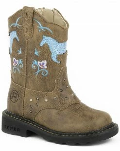 Roper Infant's Horse Flowers Dazzel Lights Western Boots For Toddler-Girls' Tan