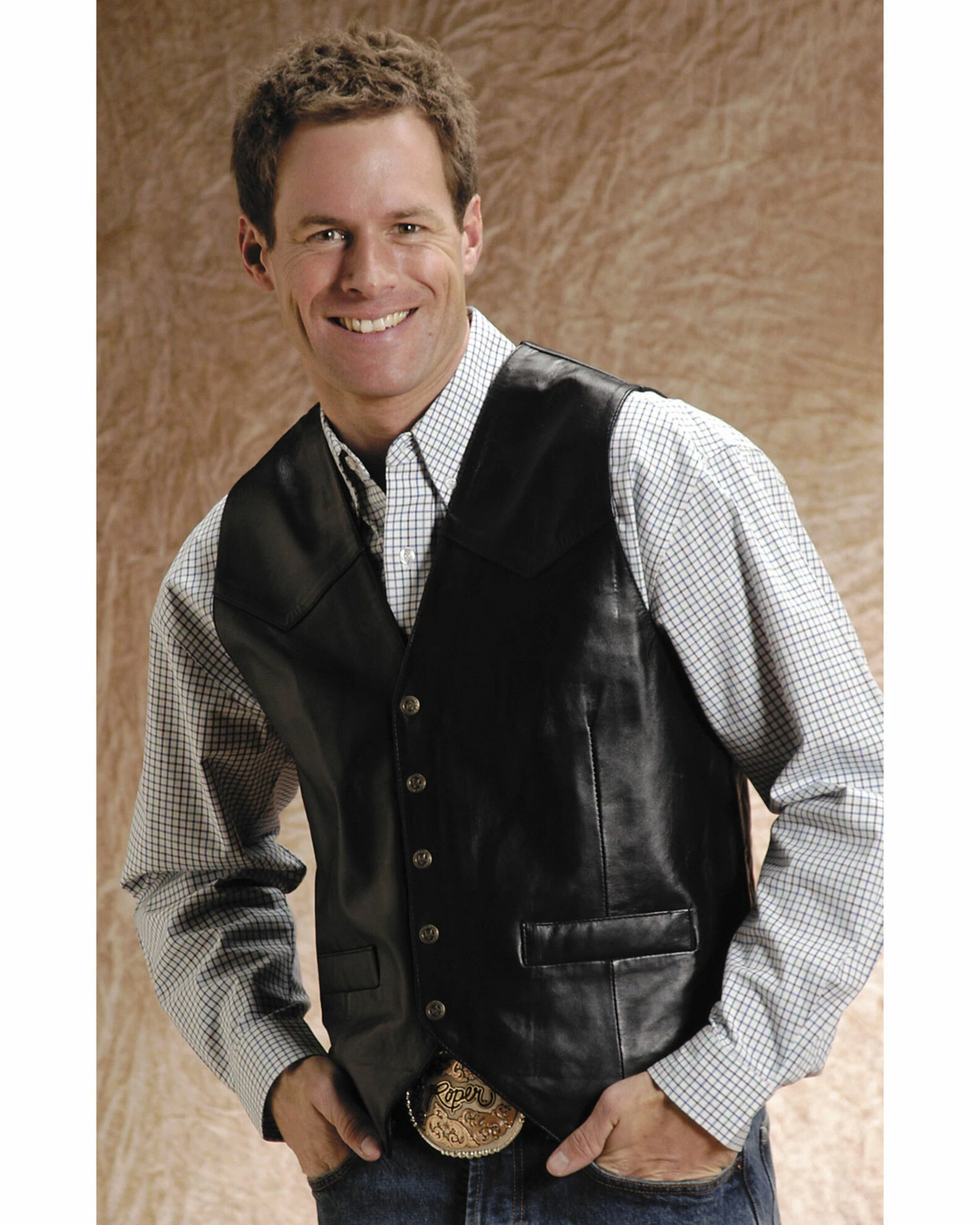 Roper Lamb Leather Black Vest - Big & Tall For Men's 3 Roper Lamb Leather Black Vest - Big & Tall For Men's