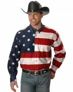Roper Men's American Flag Long Sleeve Western Shirt White