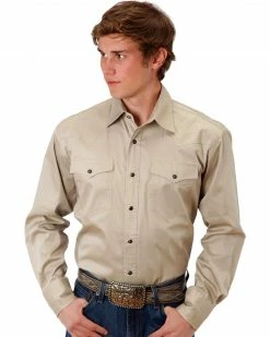 Roper Men's Khaki Solid Poplin Long Sleeve Western Shirt