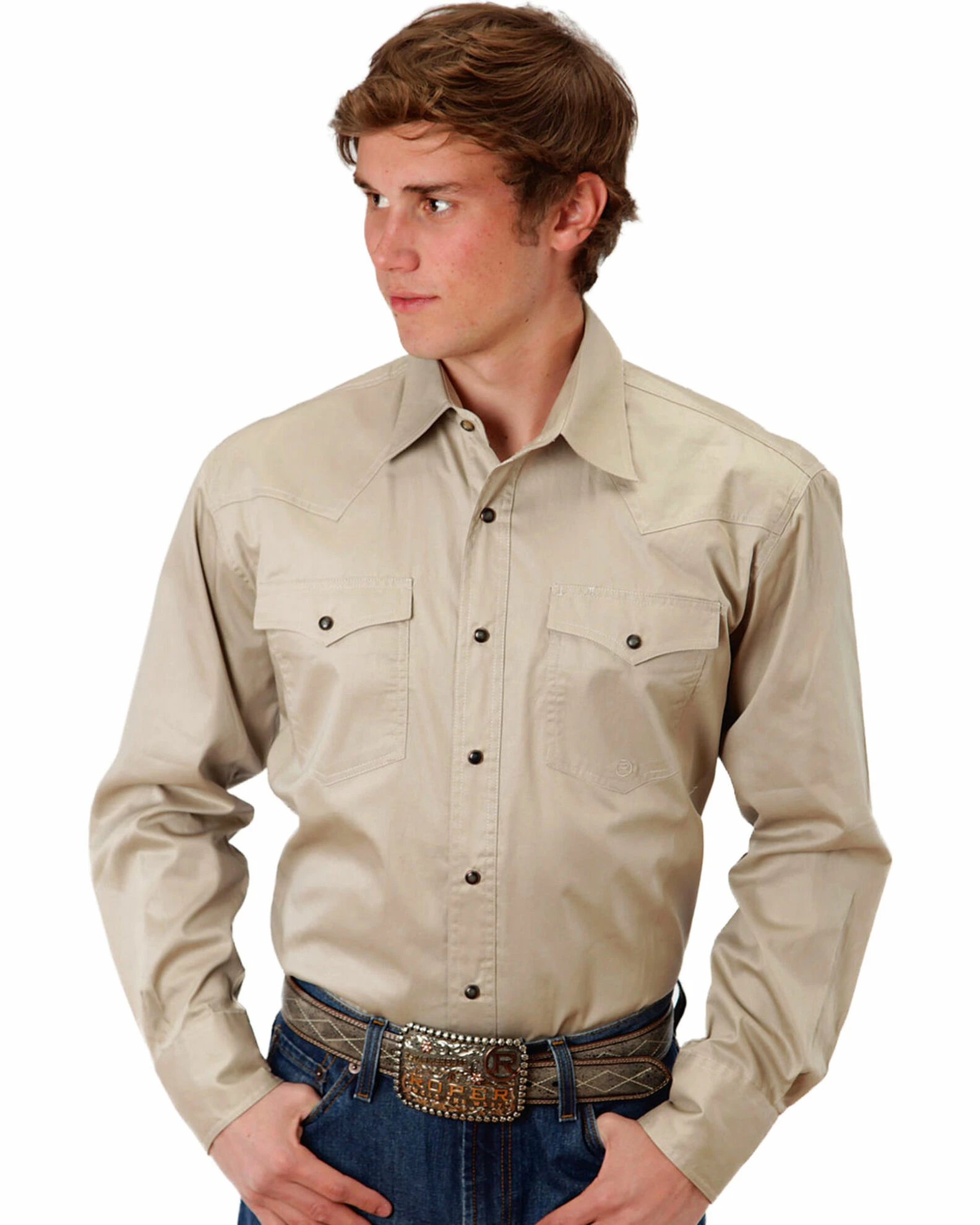 Roper Men's Khaki Solid Poplin Long Sleeve Western Shirt 3 Roper Men's Khaki Solid Poplin Long Sleeve Western Shirt
