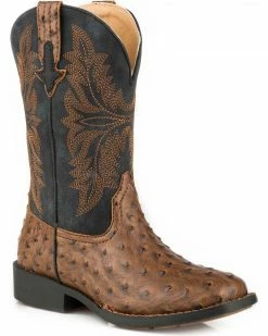 Roper Boys' Jed Faux Brown Ostrich Cowboy Boots - Square Toe