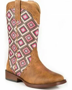 Roper Girls' Tan Glitter Geo Pattern Boots - Square Toe