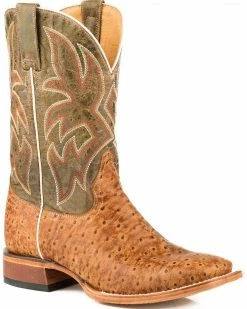 Roper Men's Stretch Embossed Ostrich Cowboy Boots - Square Toe Tan
