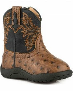 Roper Infant Boys' Jed Brown Ostrich Print Cowbabies Pre-Walker Boots - Round Toe For Infant-Boys'