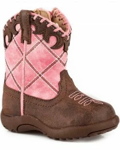 Roper Infant Girls' Cowbaby Diamond Whipstitch Pre-Walker Cowgirl Boots - Round Toe For Infant-Girls' Pink