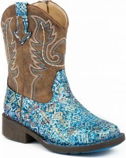 Roper Toddler Girls' Glitter Southwestern Cowgirl Boots - Square Toe For Toddler-Girls' Blue