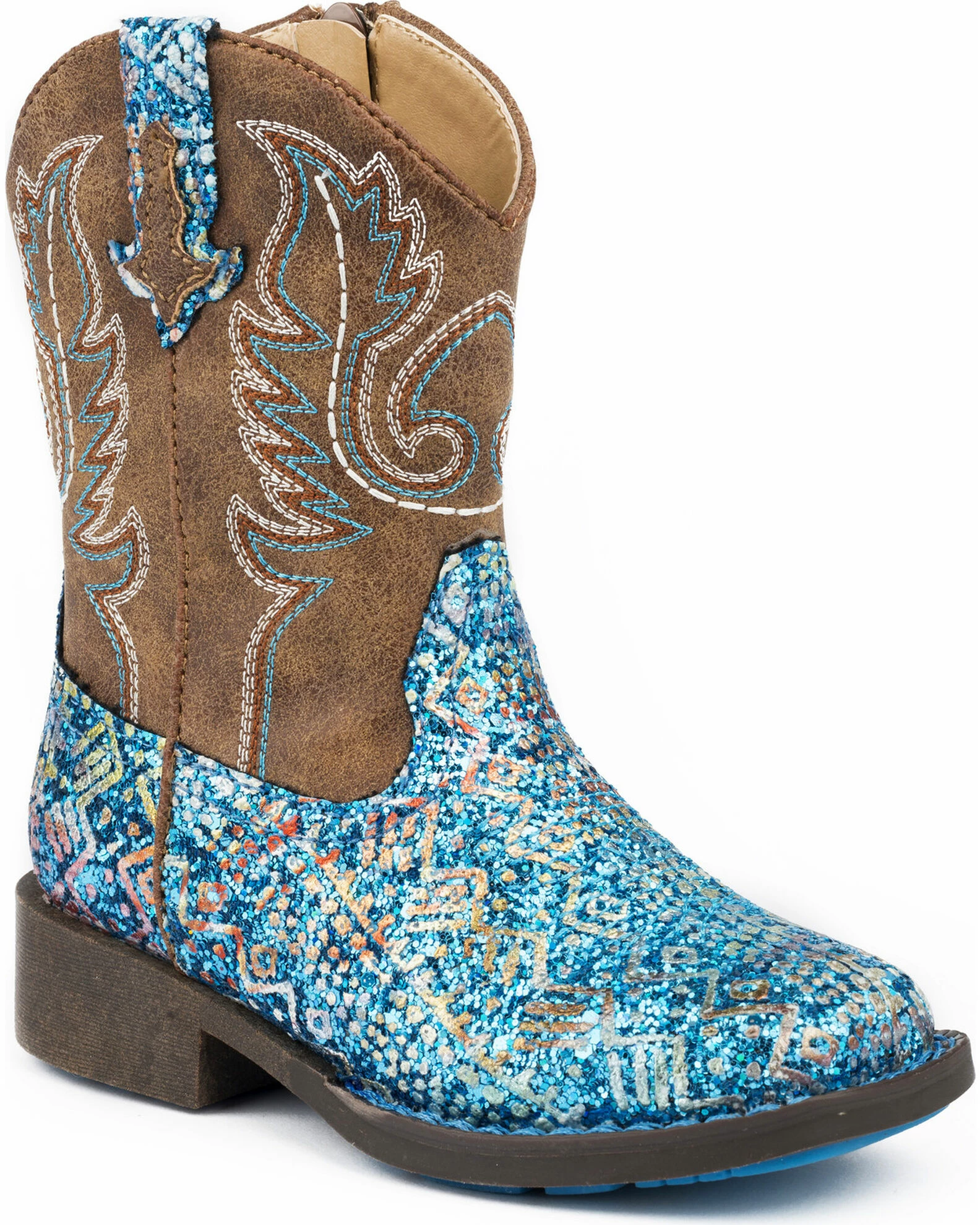 Roper Toddler Girls' Glitter Southwestern Cowgirl Boots - Square Toe For Toddler-Girls' Blue 3 Roper Toddler Girls' Glitter Southwestern Cowgirl Boots - Square Toe For Toddler-Girls' Blue