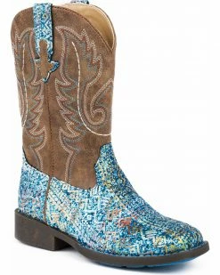 Roper Girls' Glitter Southwestern Cowgirl Boots - Square Toe Blue