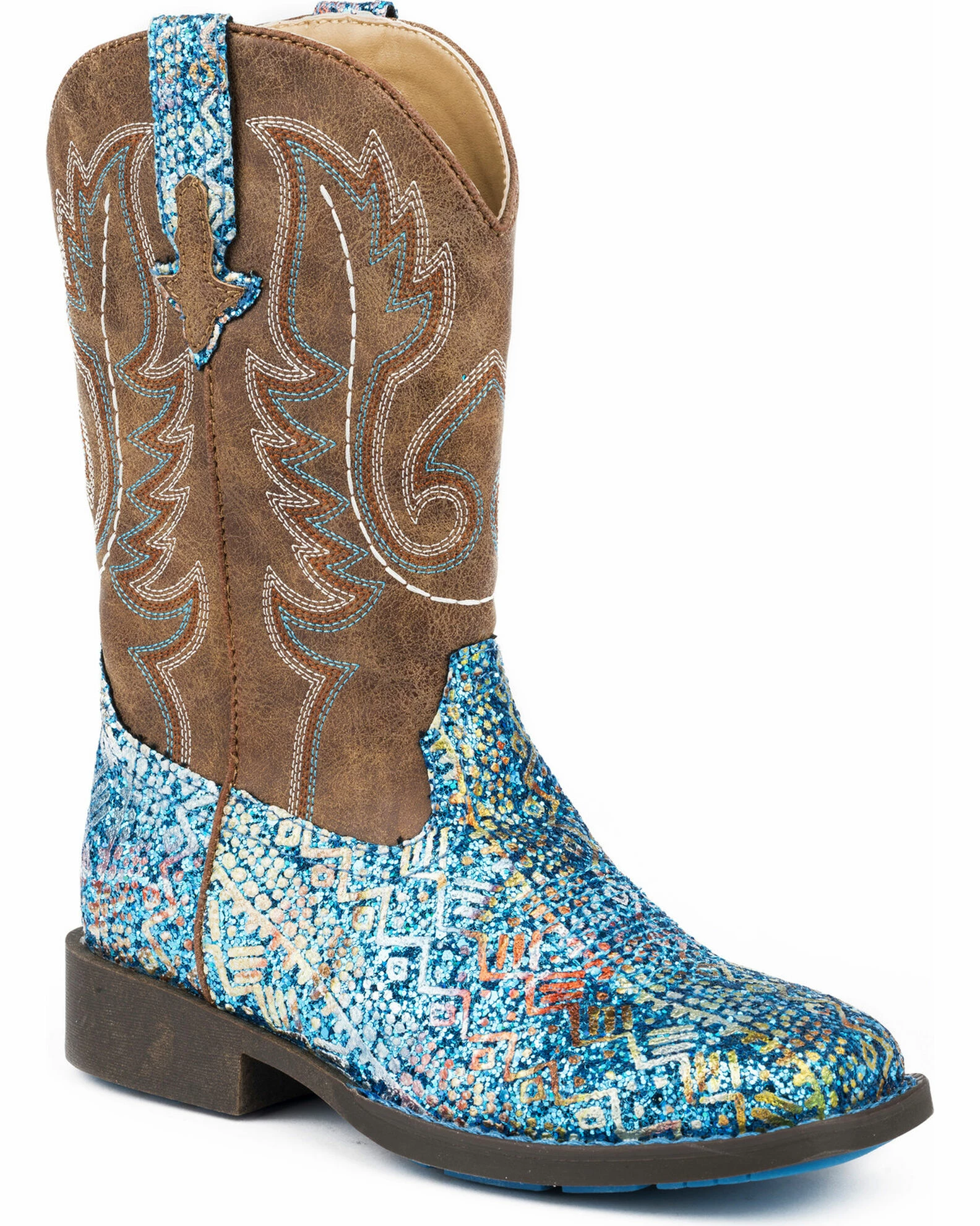 Roper Girls' Glitter Southwestern Cowgirl Boots - Square Toe Blue 3 Roper Girls' Glitter Southwestern Cowgirl Boots - Square Toe Blue