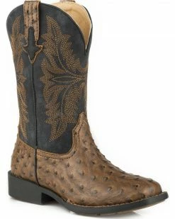 Roper Youth Boys' Brown Ostrich Print Cowboy Boots - Square Toe