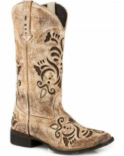 Roper Women's Belle Tan Antiqued Brushed Suede Cowgirl Boots - Square Toe