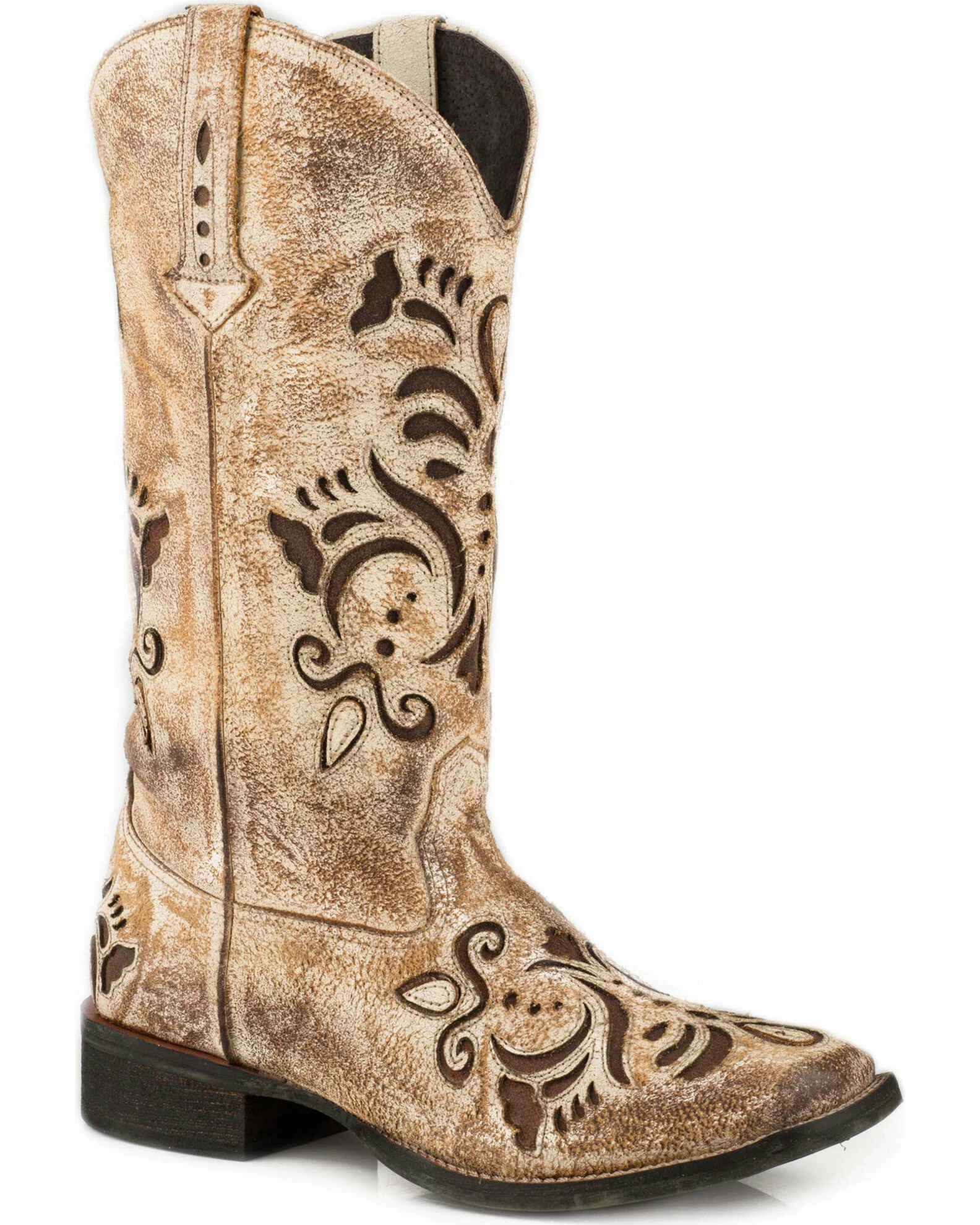 Roper Women's Belle Tan Antiqued Brushed Suede Cowgirl Boots - Square Toe 3 Roper Women's Belle Tan Antiqued Brushed Suede Cowgirl Boots - Square Toe