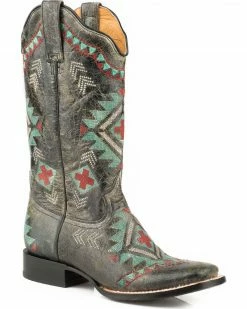Roper Women's Aztec Embroidered Cowgirl Boots - Square Toe Black