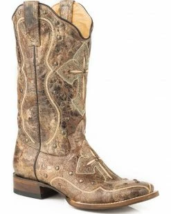 Roper Women's Pure Cross & Studs Cowgirl Boots - Square Toe Brown -Roper Shop 2000231017 200 P1 1