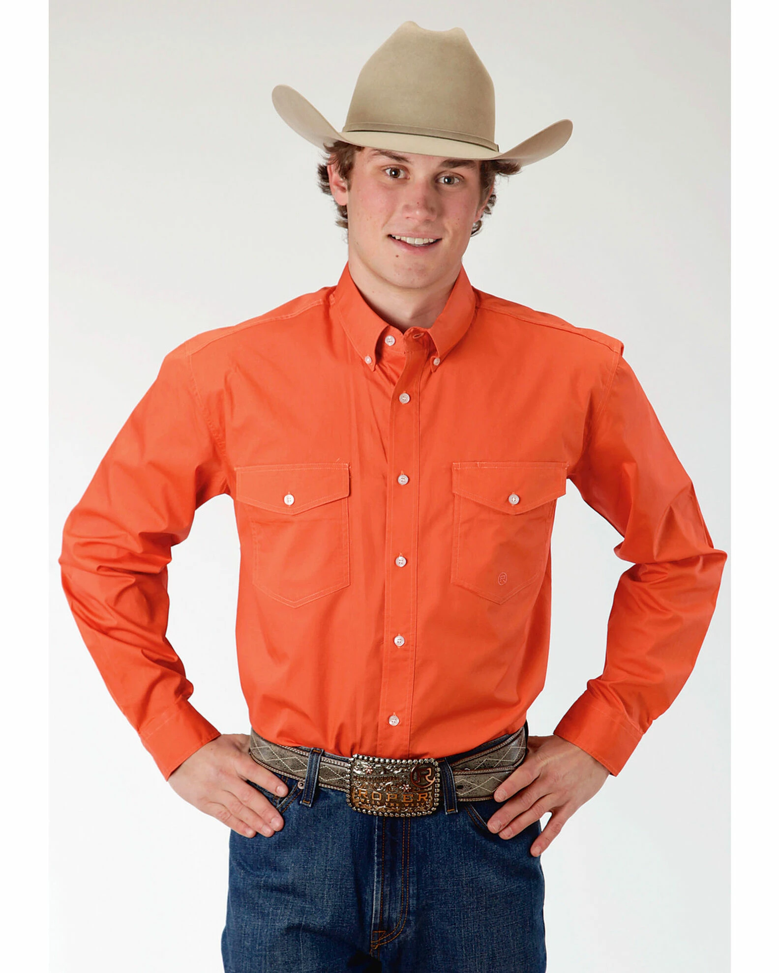 Roper Men's Orange Solid Long Sleeve Western Shirt 3 Roper Men's Orange Solid Long Sleeve Western Shirt