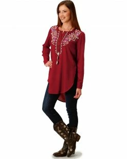 Roper Women's Embroidered Henley Tunic Wine -Roper Shop 2000244638 646 D1