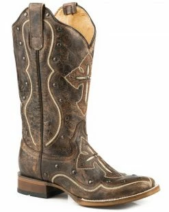 Roper Women's Pure Cross & Studs Cowgirl Boots - Square Toe Brown