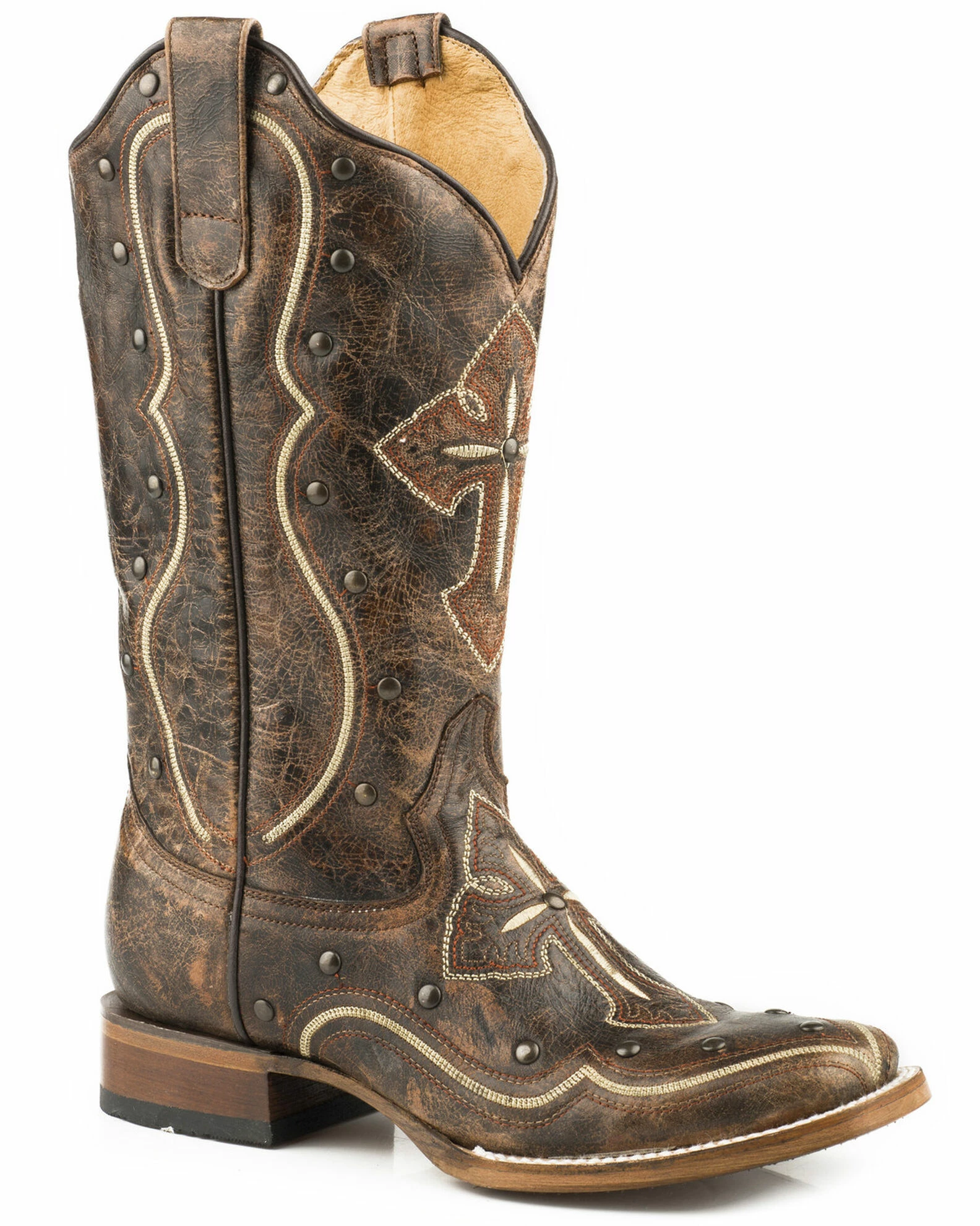 Roper Women's Pure Cross & Studs Cowgirl Boots - Square Toe Brown 3 Roper Women's Pure Cross & Studs Cowgirl Boots - Square Toe Brown