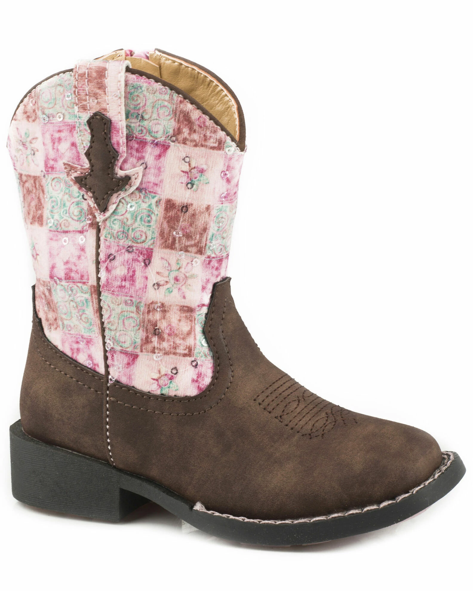 Roper Toddler Girls' Floral Shine Sequin Cowgirl Boots - Square Toe For Toddler-Girls' Brown 3 Roper Toddler Girls' Floral Shine Sequin Cowgirl Boots - Square Toe For Toddler-Girls' Brown