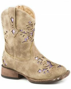 Roper Toddler Girls' Lola Tan Metallic Underlay Cowgirl Boots - Square Toe For Toddler-Girls'