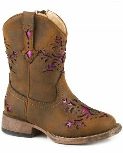 Roper Toddler Girls' Lola Brown Metallic Underlay Cowgirl Boots - Square Toe For Toddler-Girls'