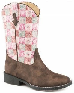 Roper Girls' Floral Shine Sequin Cowgirl Boots - Square Toe Brown