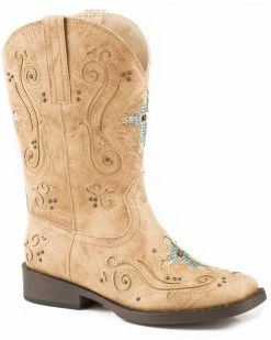 Roper Girls' Faith Crystal Cross Cowgirl Boots - Square Toe Tan