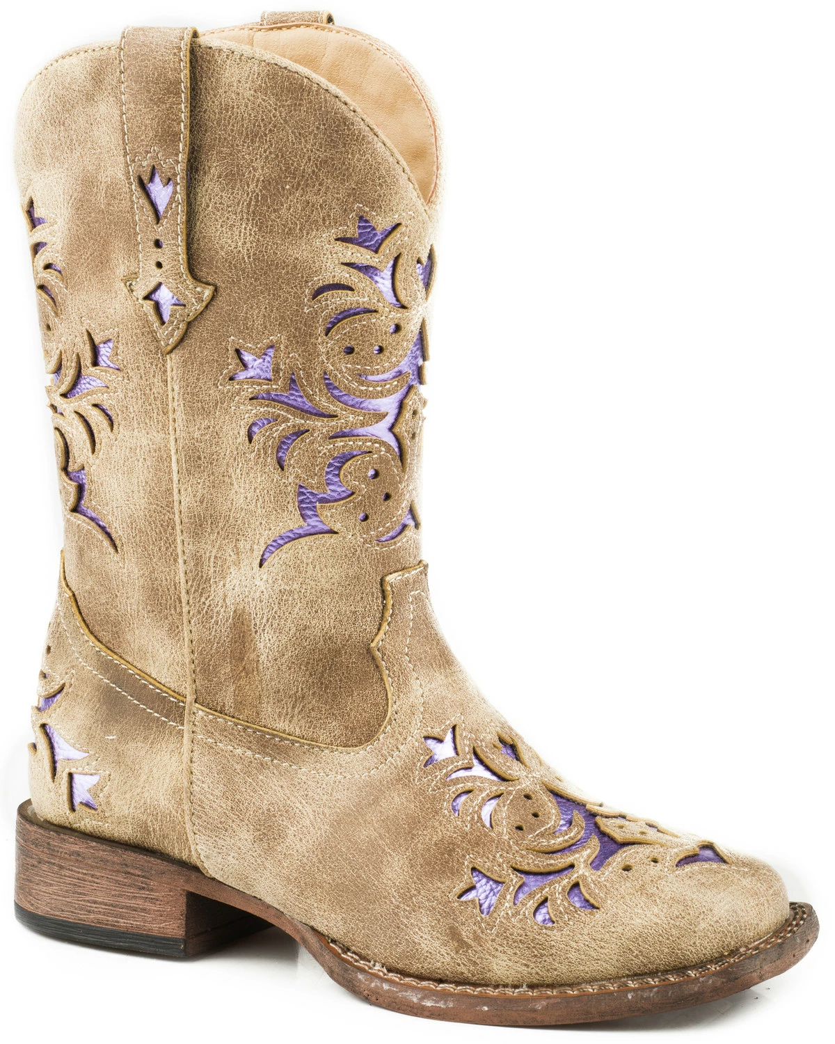 Roper Girls' Lola Tan Metallic Underlay Cowgirl Boots - Square Toe 4 Roper Girls' Lola Tan Metallic Underlay Cowgirl Boots - Square Toe - Image 2