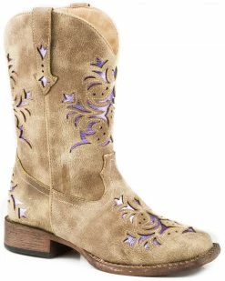 Roper Girls' Lola Tan Metallic Underlay Cowgirl Boots - Square Toe