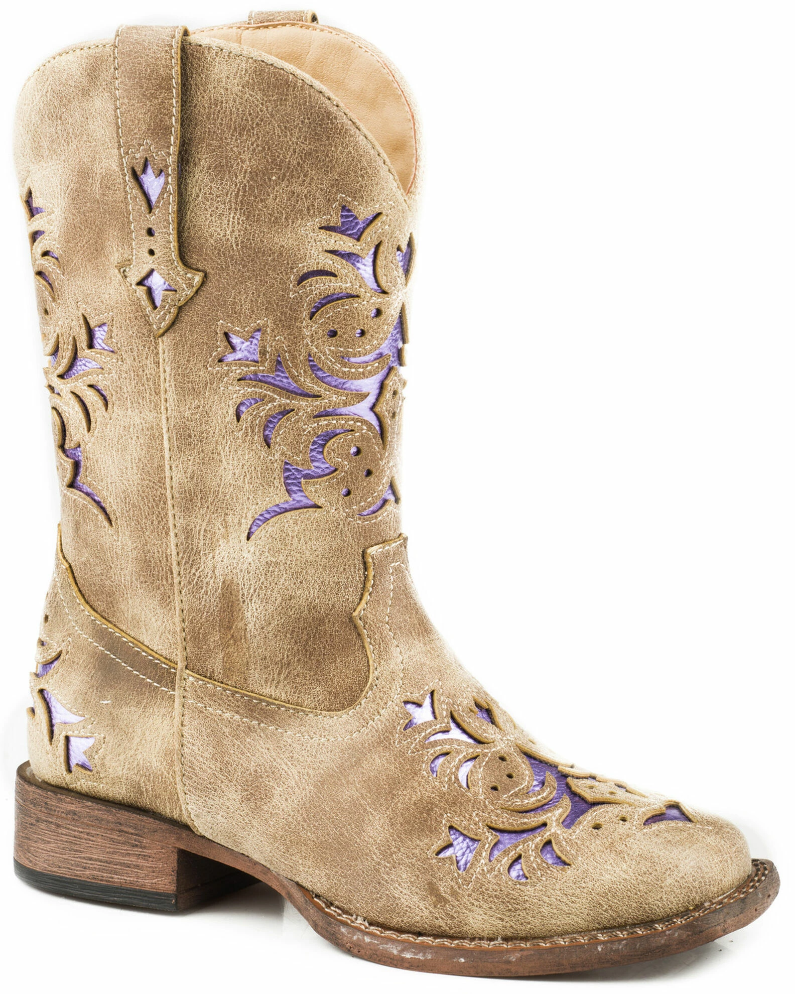 Roper Girls' Lola Tan Metallic Underlay Cowgirl Boots - Square Toe 3 Roper Girls' Lola Tan Metallic Underlay Cowgirl Boots - Square Toe