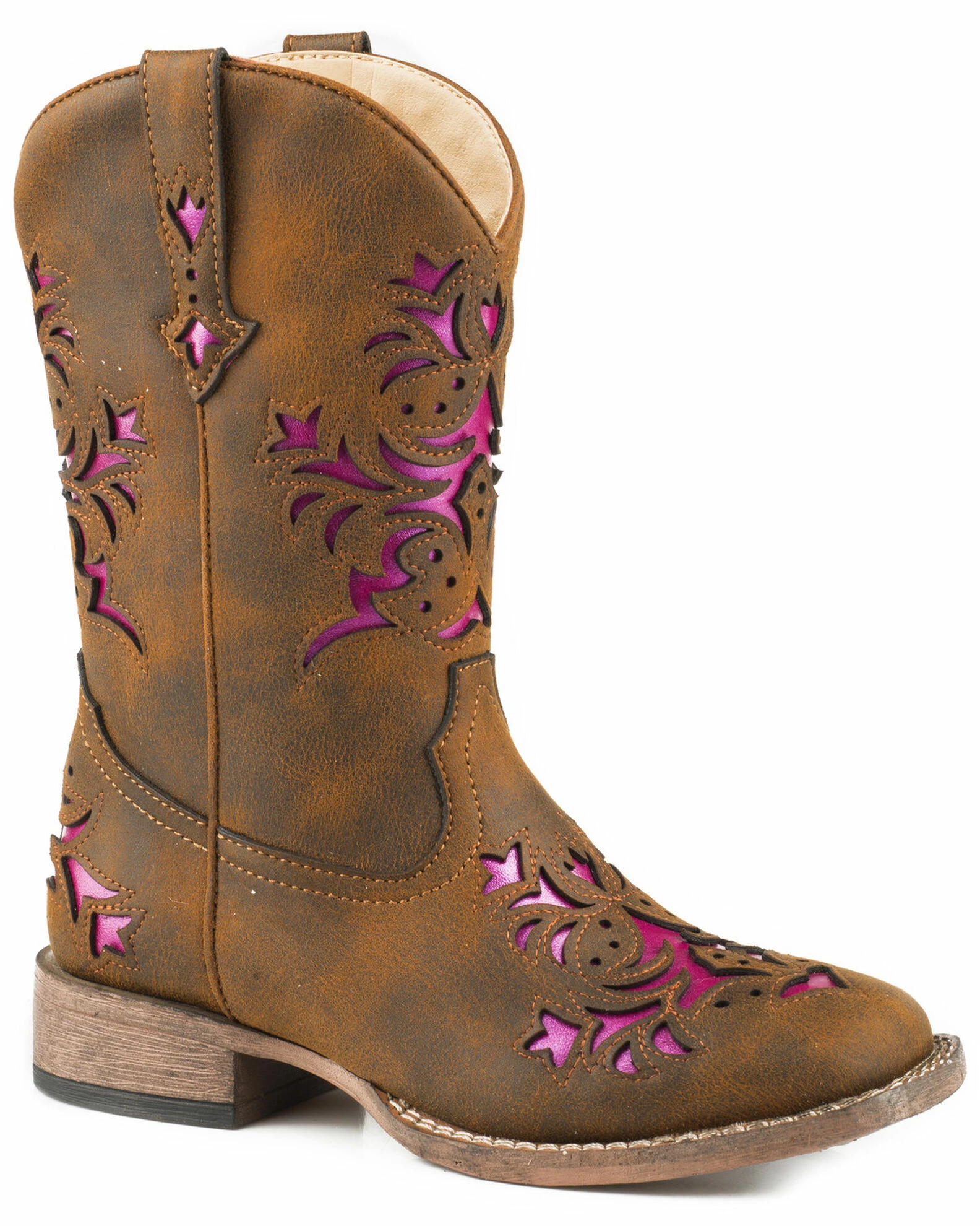 Roper Girls' Lola Brown Metallic Underlay Cowgirl Boots - Square Toe 3 Roper Girls' Lola Brown Metallic Underlay Cowgirl Boots - Square Toe
