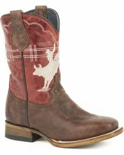 Roper Boys' Bull Rider Embroidered Cowboy Boots - Square Toe Brown