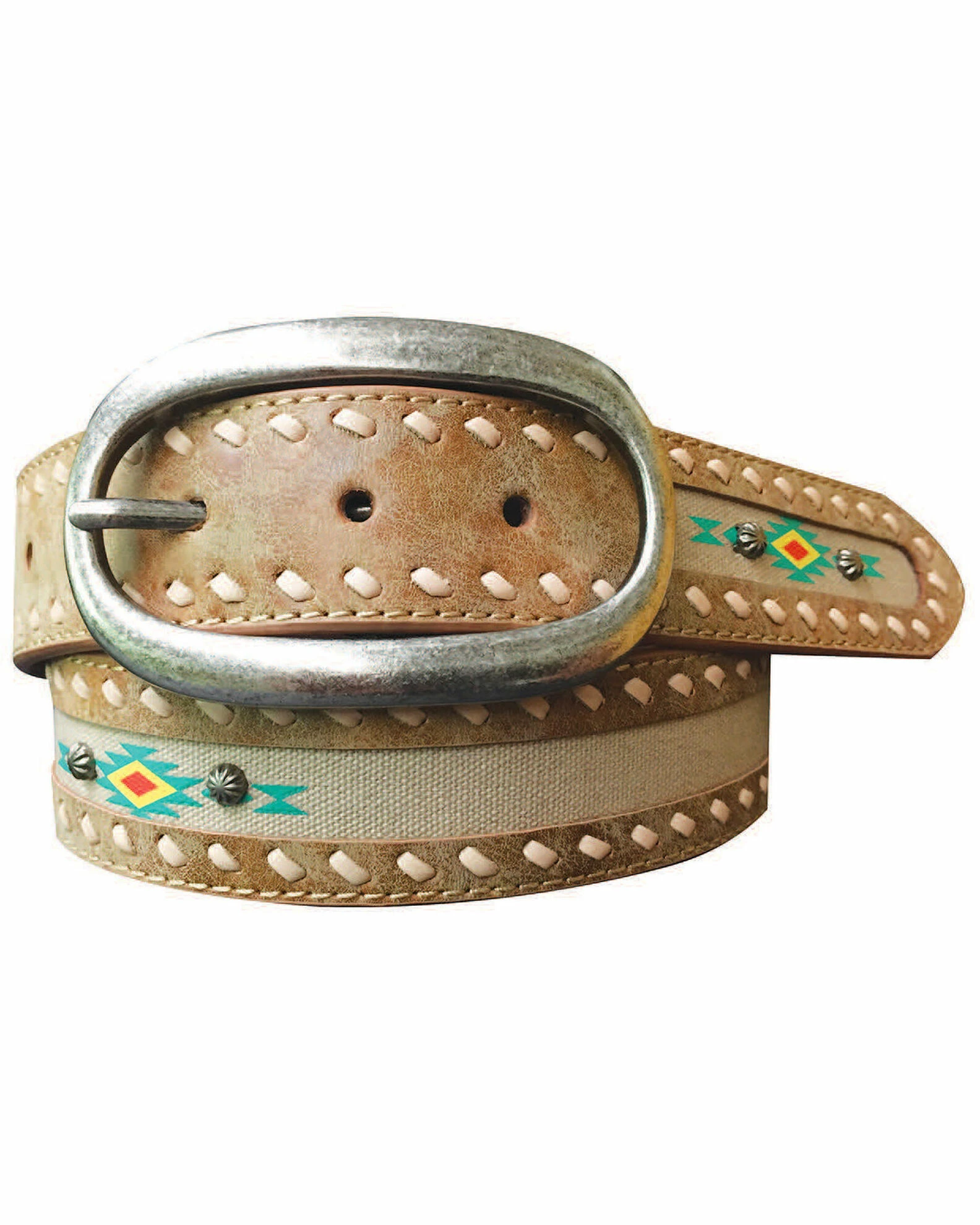 Roper Women's Southwestern Print Fabric Inlay Distressed Leather Belt 3 Roper Women's Southwestern Print Fabric Inlay Distressed Leather Belt