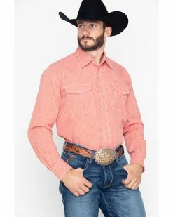 Roper Men's Indigo Blues Mini Check Plaid Long Sleeve Shirt Orange