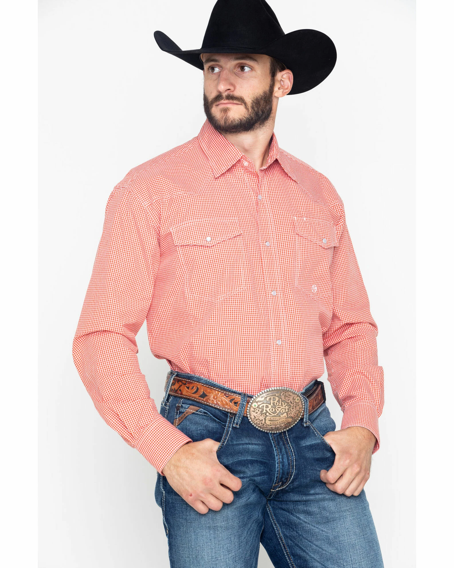 Roper Men's Indigo Blues Mini Check Plaid Long Sleeve Shirt Orange 3 Roper Men's Indigo Blues Mini Check Plaid Long Sleeve Shirt Orange