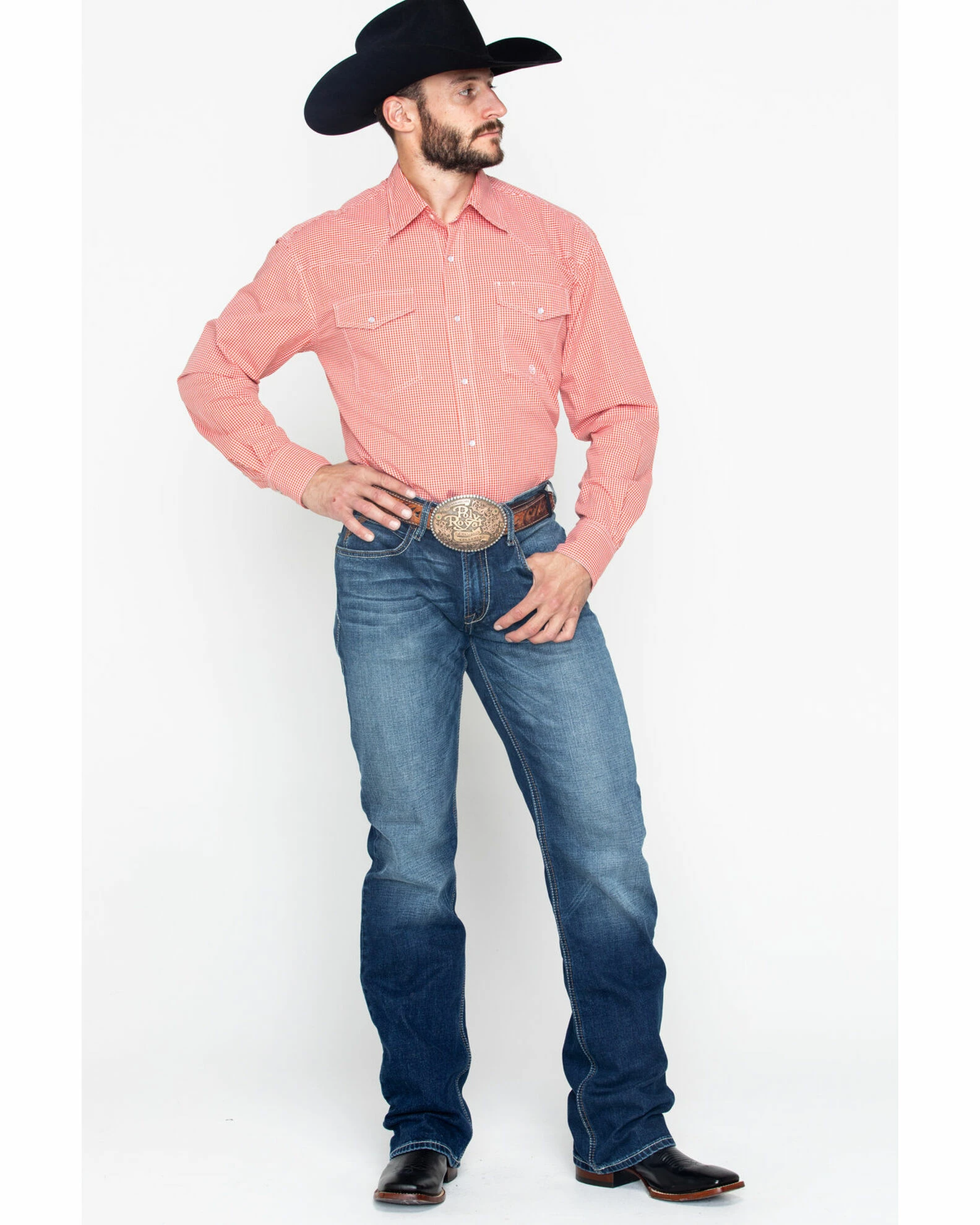 Roper Men's Indigo Blues Mini Check Plaid Long Sleeve Shirt Orange 7 Roper Men's Indigo Blues Mini Check Plaid Long Sleeve Shirt Orange - Image 5