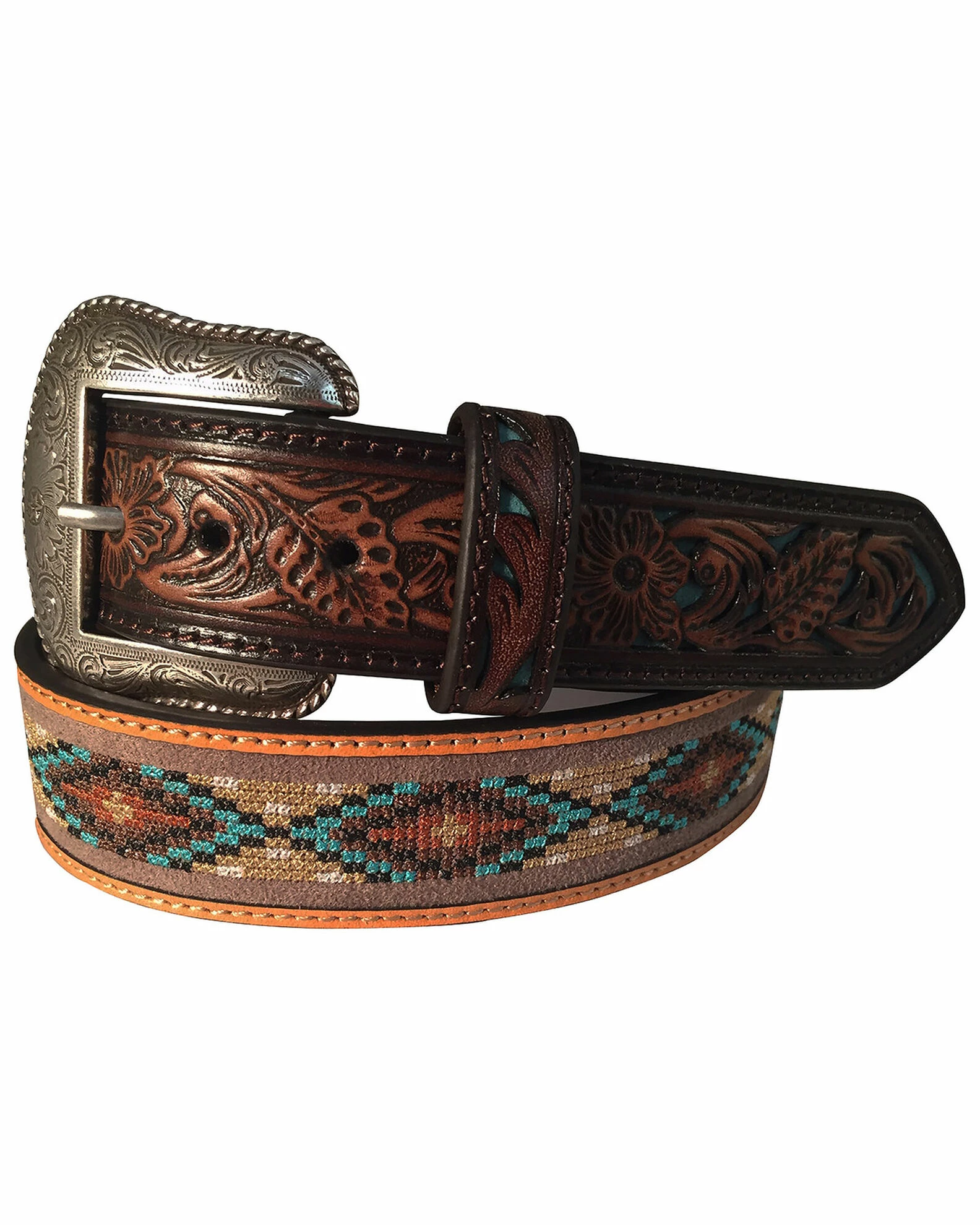 Roper Men's Brown Leather Cutout Inlay-ed Tooled Belt 3 Roper Men's Brown Leather Cutout Inlay-ed Tooled Belt