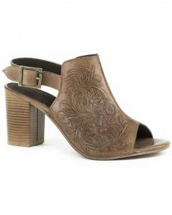 Roper Women's Beige Floral Tooled LeatherĀ Sandals Tan